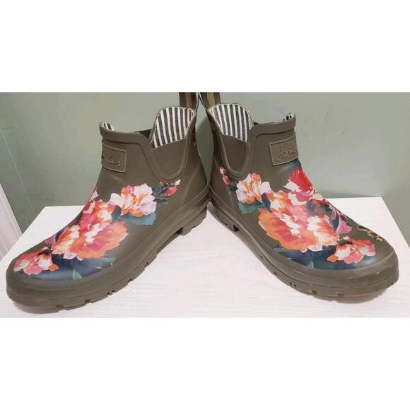 Joules Rain Boots Women's Sz 10 Floral Green Pink Waterproof Rubber Wellibob - Picture 6 of 7